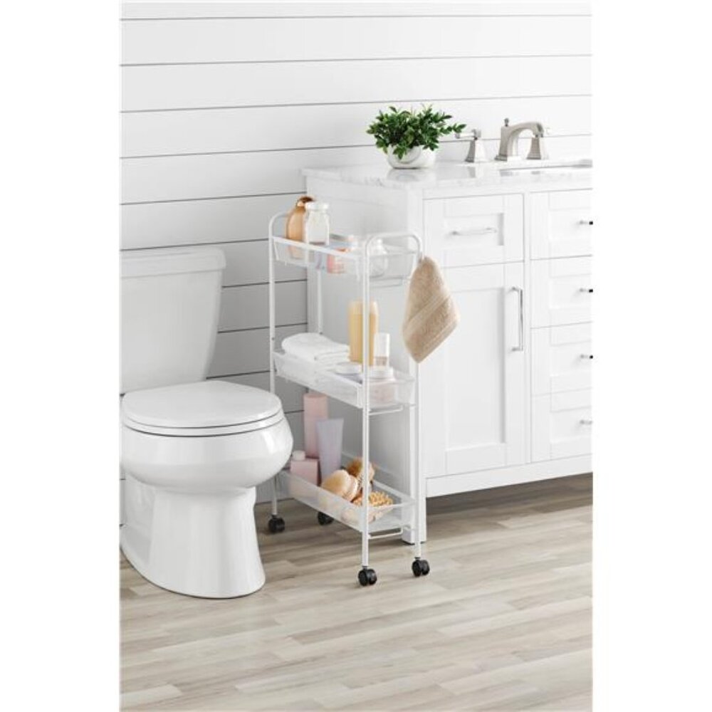 Slim 3-Tier Rolling Bathroom Storage Cart with Hooks, White